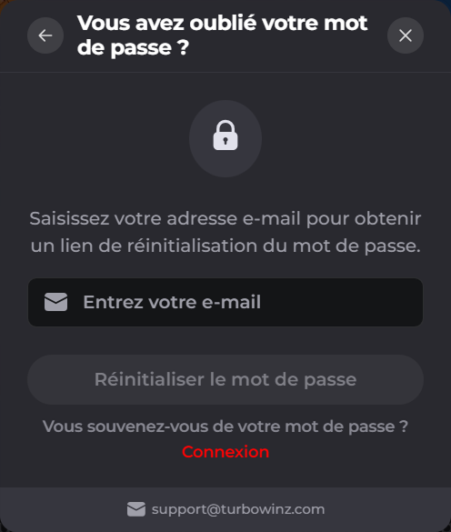 Turbowinz page for password reset with email field