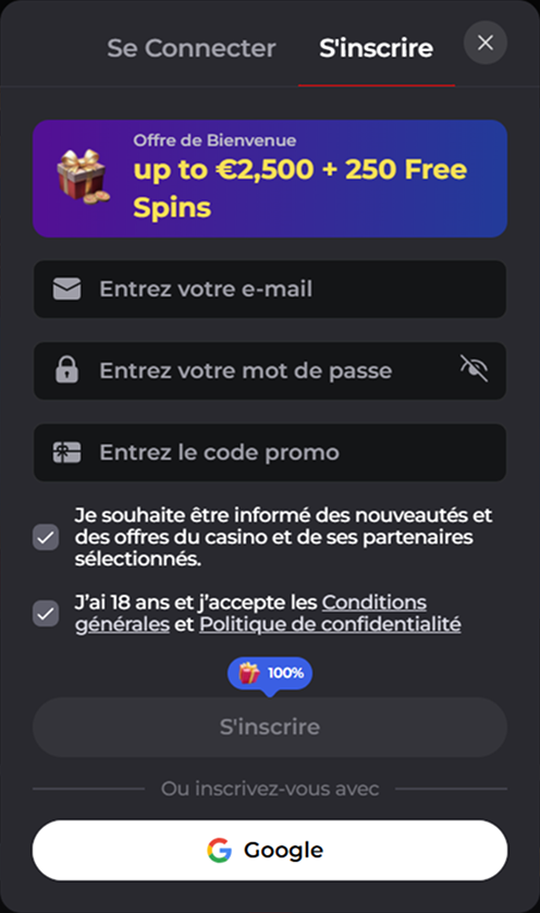 Turbowinz inscription page: email, password, promo code, and consent checkboxes